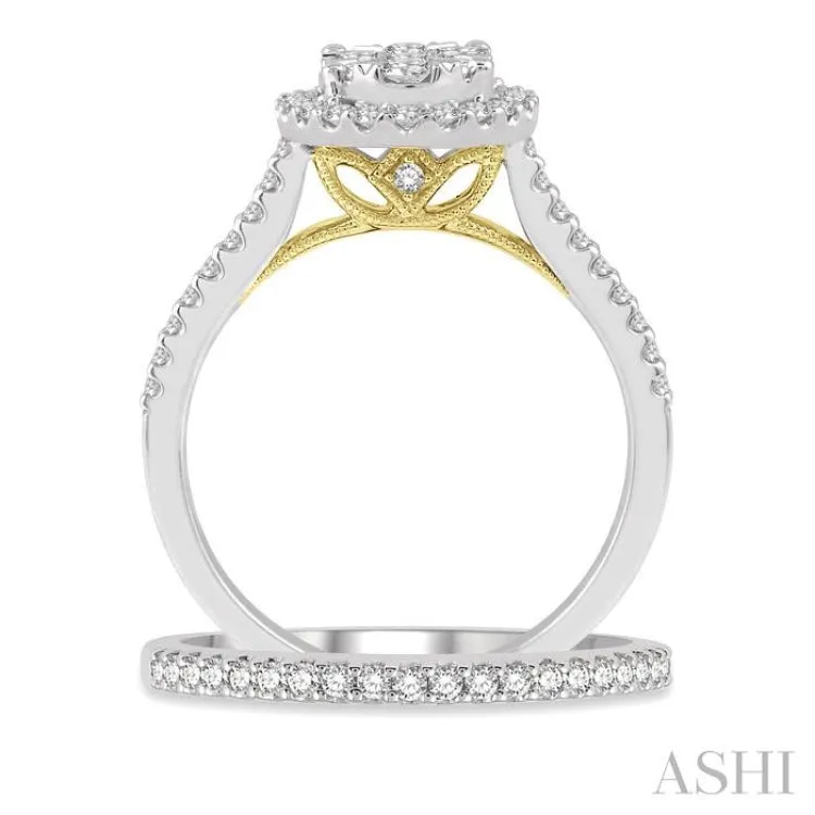 1 Ctw Lovebright Diamond Wedding Set in 14K With 3/4 Ctw Oval Shape Engagement Ring in White and Yellow Gold and 1/5 Ctw Wedding Band in White Gold