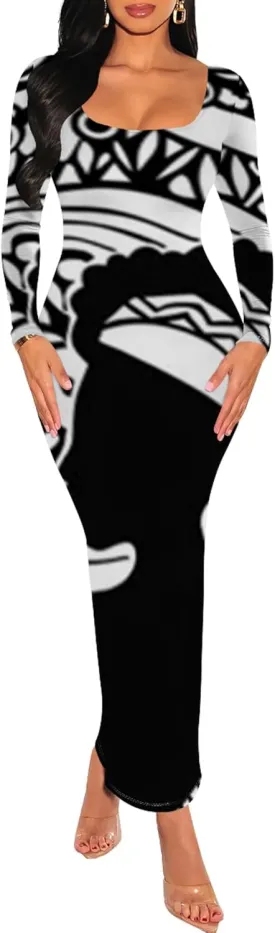 2024 Women's Casual Square Neck Long Sleeve Tie Dye Sexy Bodycon Fall Maxi Dresses Evening Formal Cocktail Party Club Dress