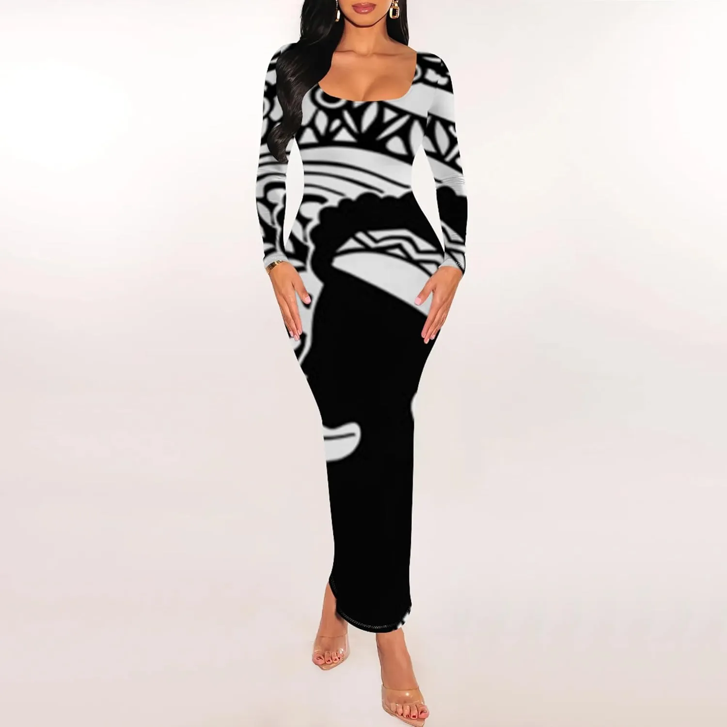 2024 Women's Casual Square Neck Long Sleeve Tie Dye Sexy Bodycon Fall Maxi Dresses Evening Formal Cocktail Party Club Dress