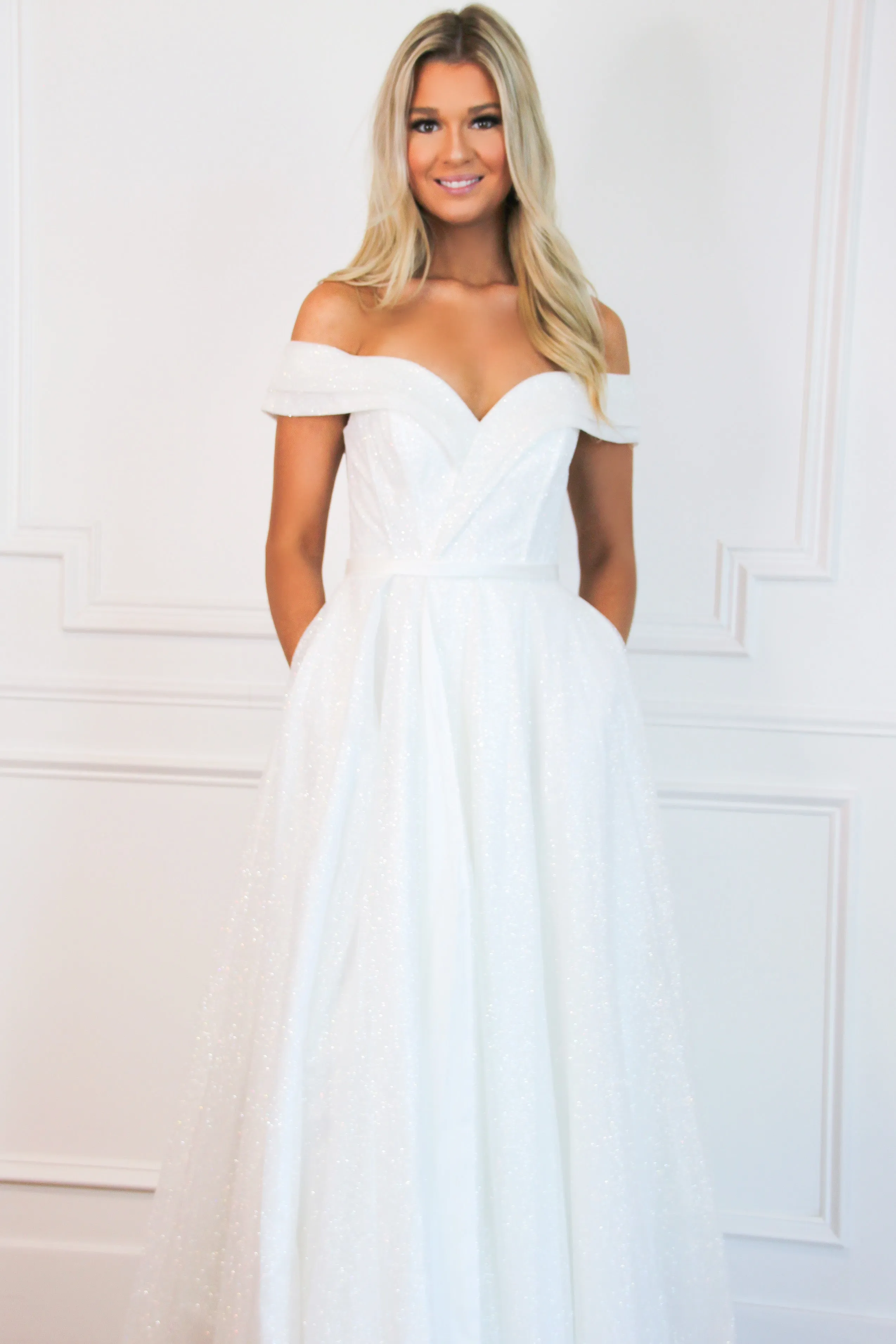 A Cinderella Story Off Shoulder Sparkly Wedding Dress: White