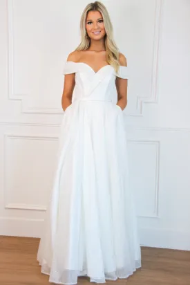 A Cinderella Story Off Shoulder Sparkly Wedding Dress: White