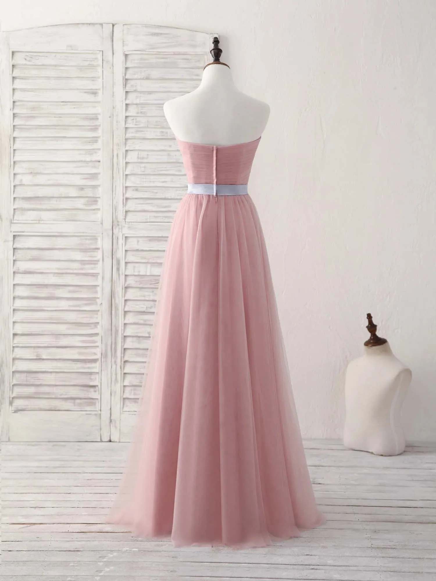 A-Line Pink Sweetheart Neck Tulle Long Prom Dress Bridesmaid Dress