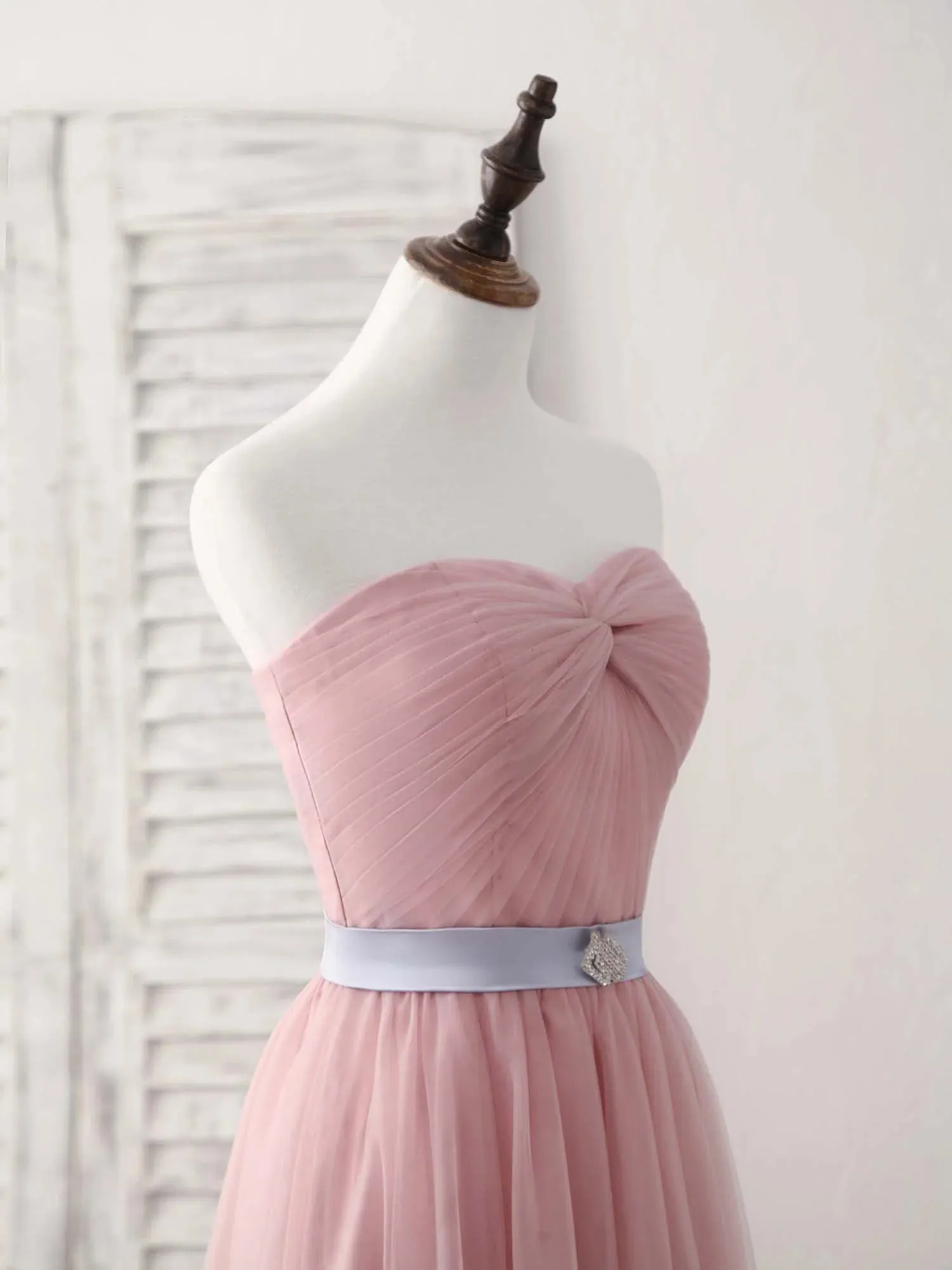 A-Line Pink Sweetheart Neck Tulle Long Prom Dress Bridesmaid Dress