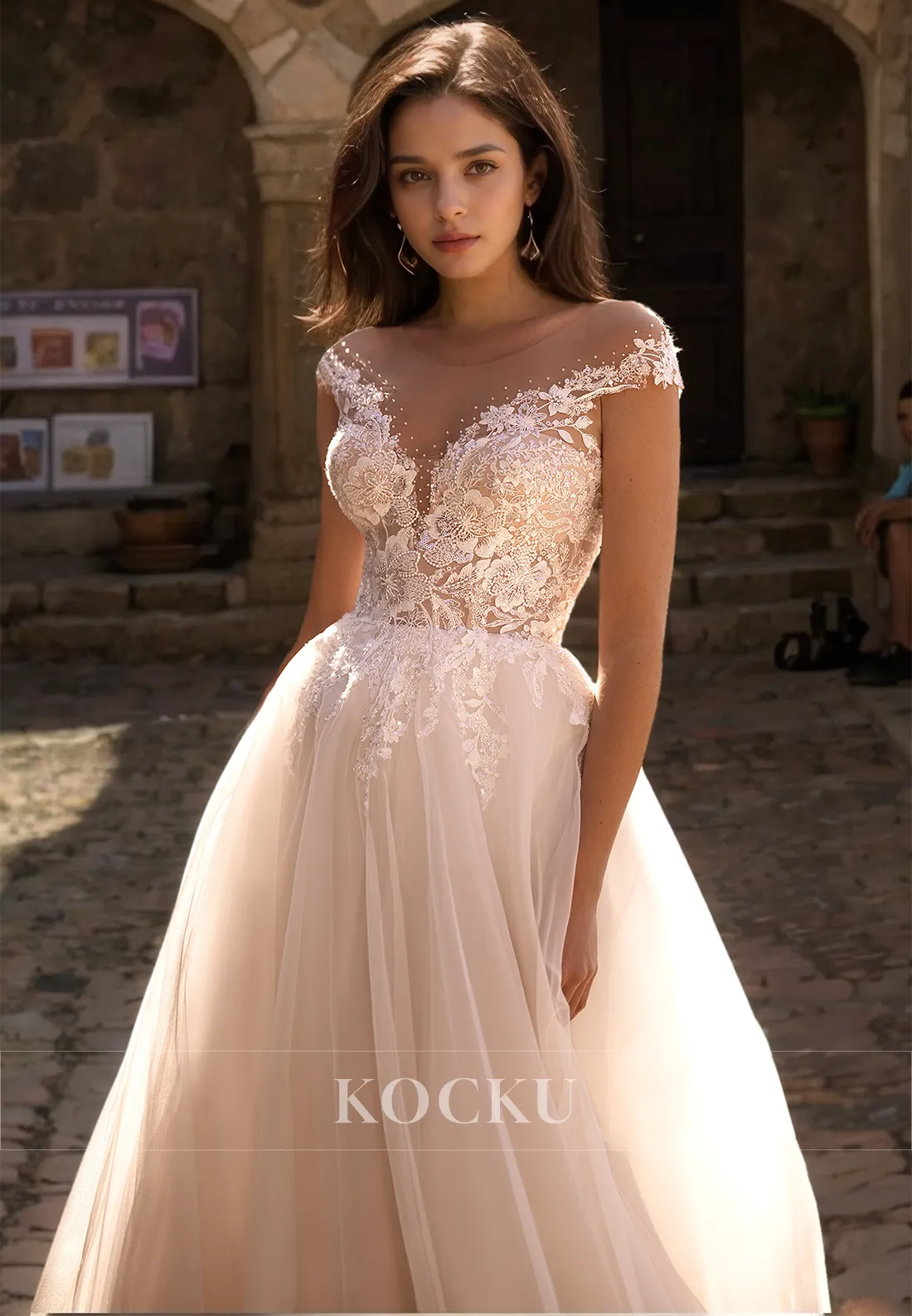 A-Line Scoop Neck Cap Sleeves Sweep Train Appliques Lace Bridal Dress with Beads Wedding Dress