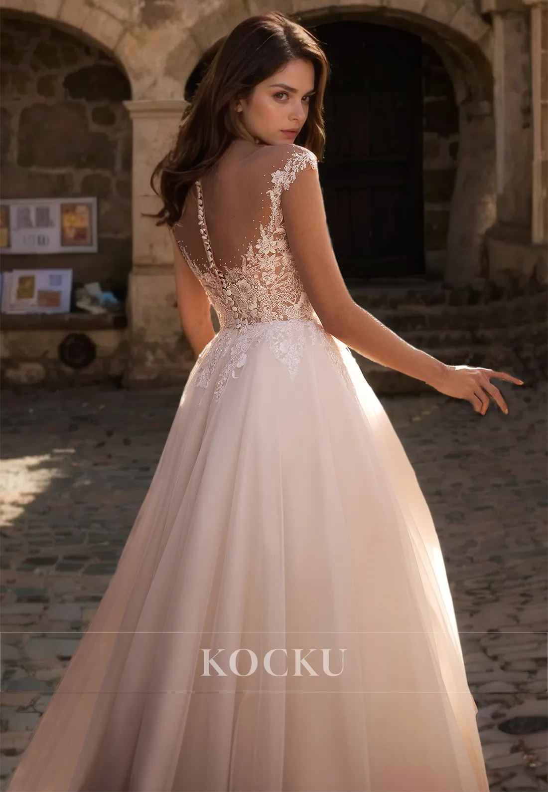 A-Line Scoop Neck Cap Sleeves Sweep Train Appliques Lace Bridal Dress with Beads Wedding Dress