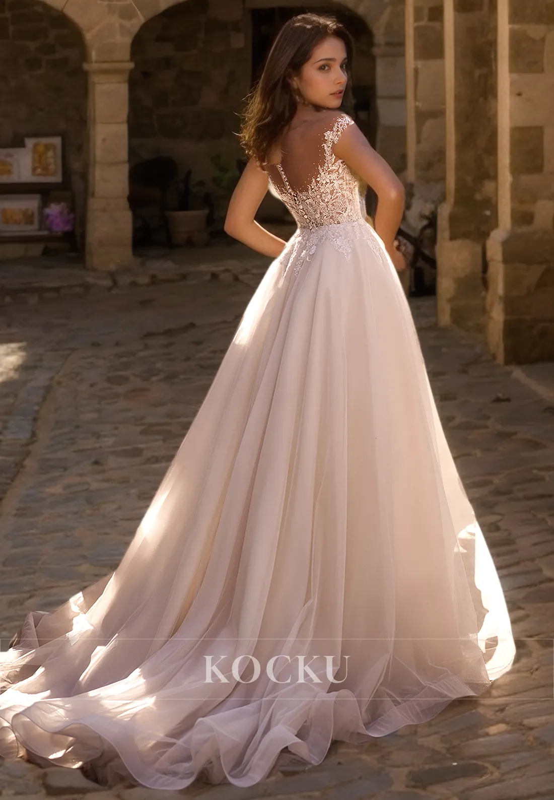 A-Line Scoop Neck Cap Sleeves Sweep Train Appliques Lace Bridal Dress with Beads Wedding Dress