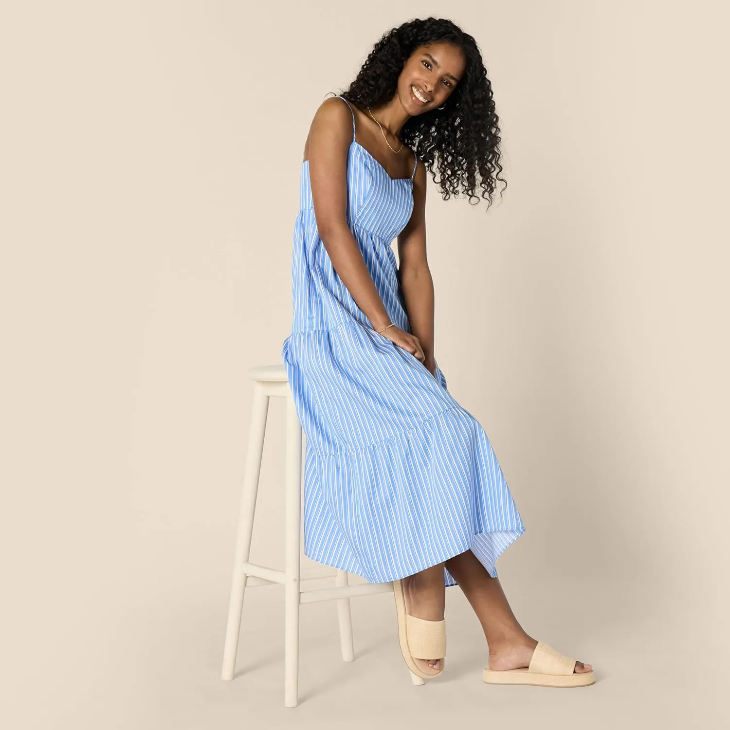 Amazon Essentials Women's Fit and Flare Empire Waisted Cotton Sateen Tiered Maxi Dress