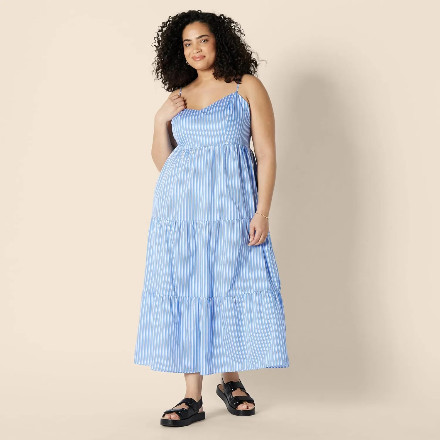 Amazon Essentials Women's Fit and Flare Empire Waisted Cotton Sateen Tiered Maxi Dress