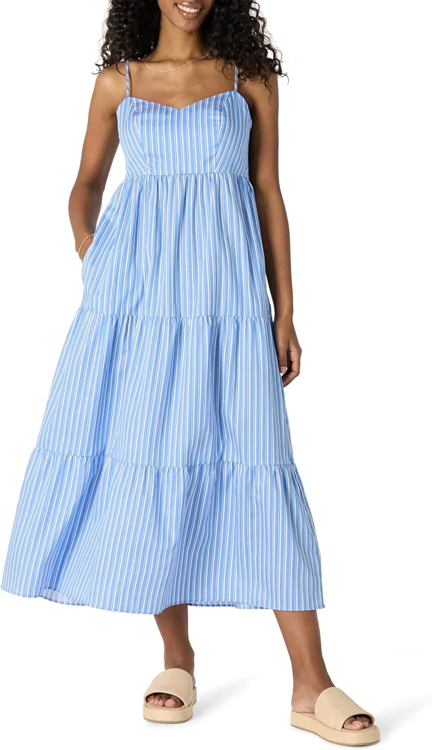Amazon Essentials Women's Fit and Flare Empire Waisted Cotton Sateen Tiered Maxi Dress