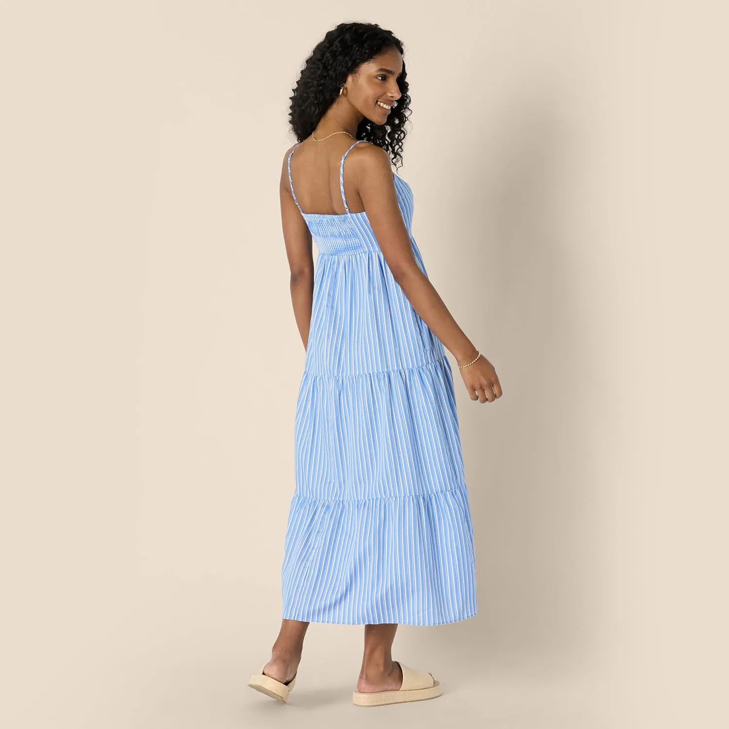 Amazon Essentials Women's Fit and Flare Empire Waisted Cotton Sateen Tiered Maxi Dress