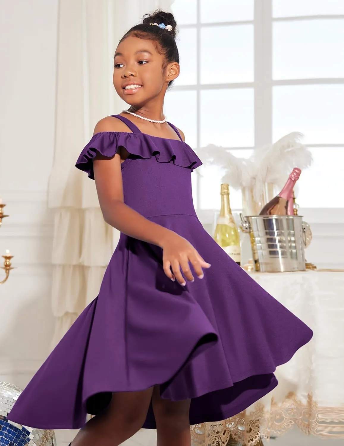 Arshiner Girls Summer Dress Off Shoulder Flutter Sleeve Midi Swing Cassual Formal Dresses with Pocket