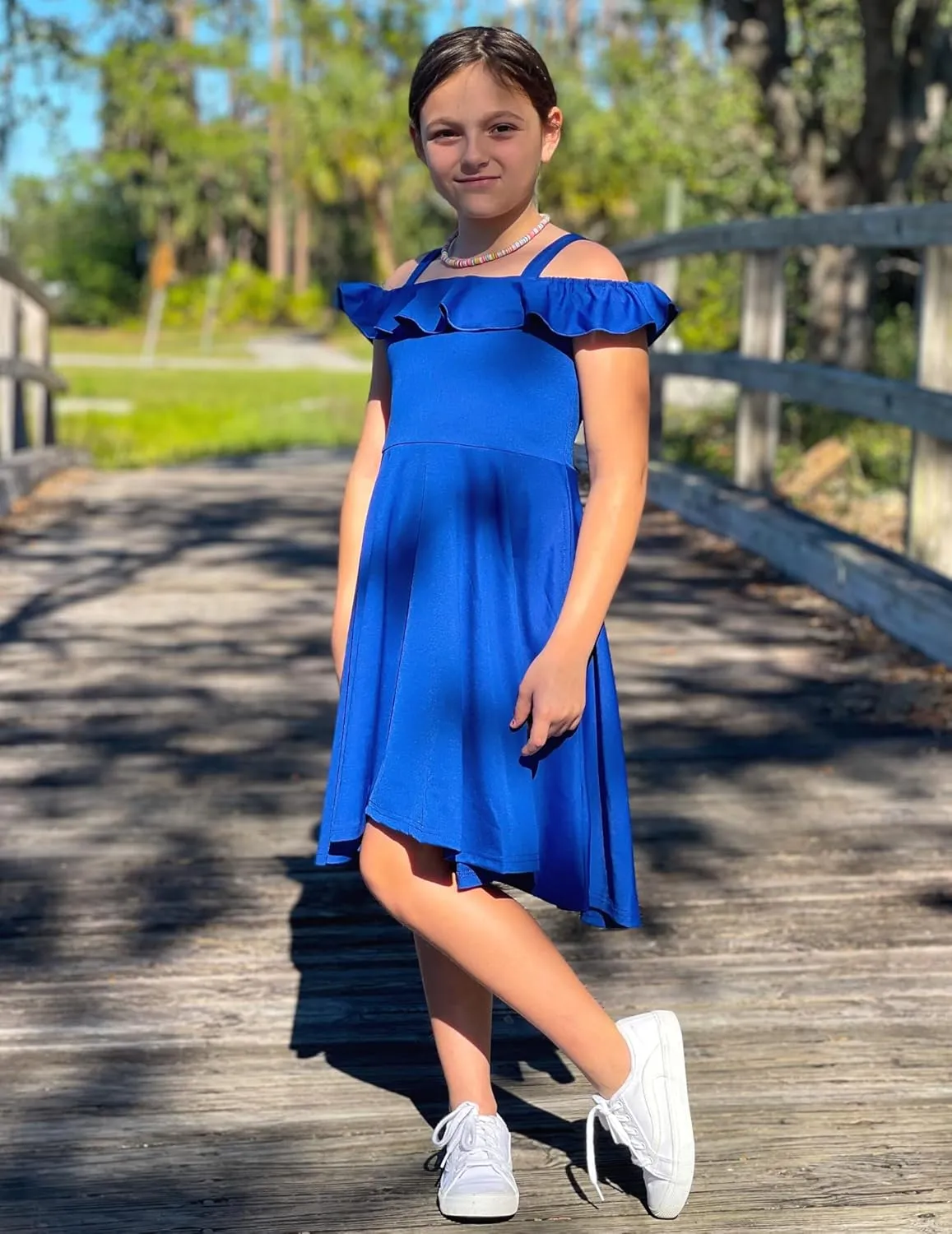 Arshiner Girls Summer Dress Off Shoulder Flutter Sleeve Midi Swing Cassual Formal Dresses with Pocket
