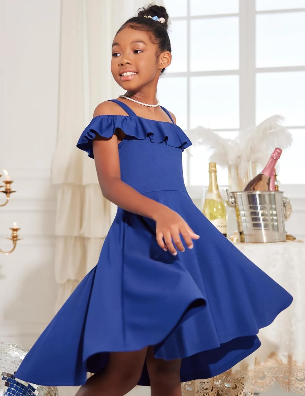 Arshiner Girls Summer Dress Off Shoulder Flutter Sleeve Midi Swing Cassual Formal Dresses with Pocket