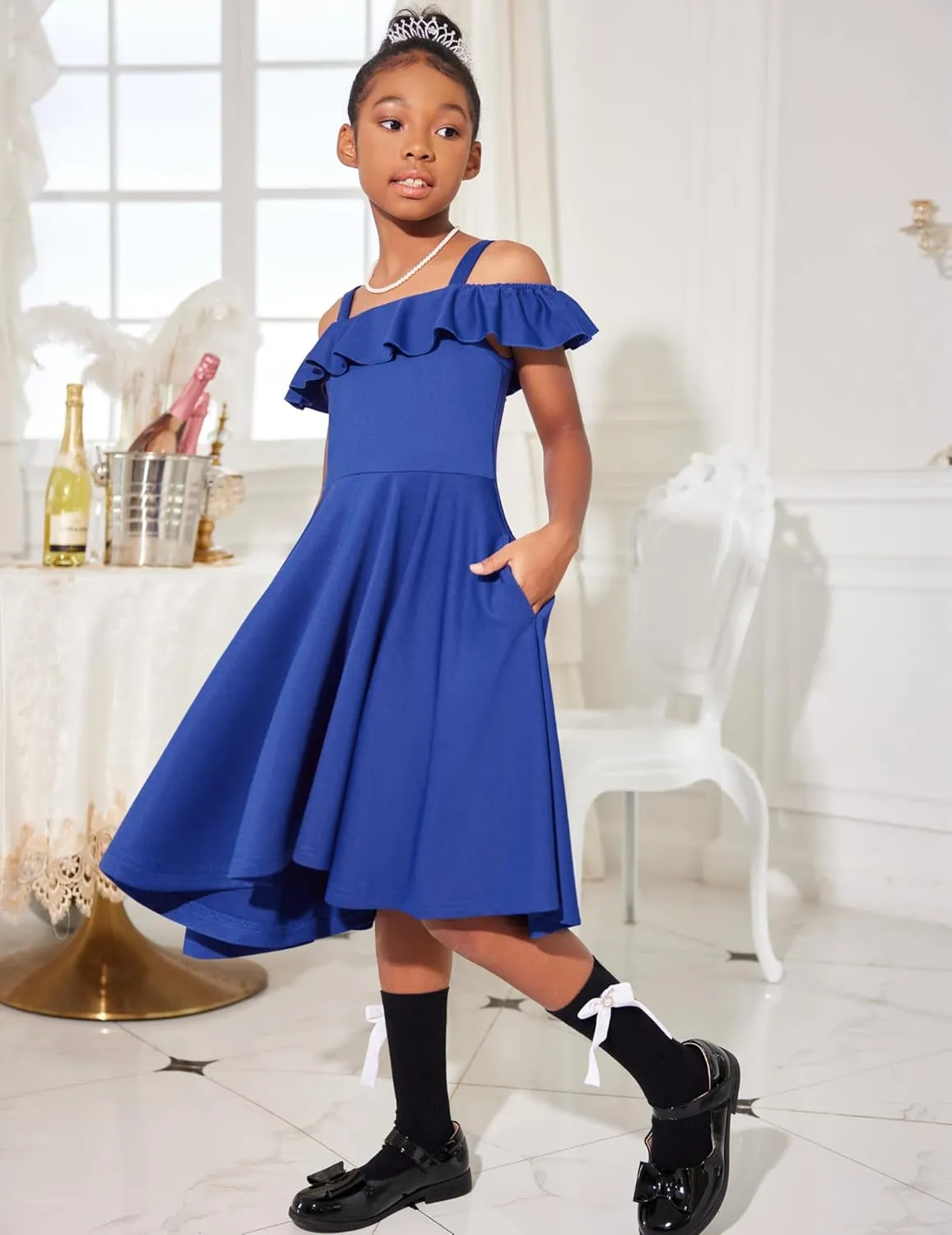 Arshiner Girls Summer Dress Off Shoulder Flutter Sleeve Midi Swing Cassual Formal Dresses with Pocket