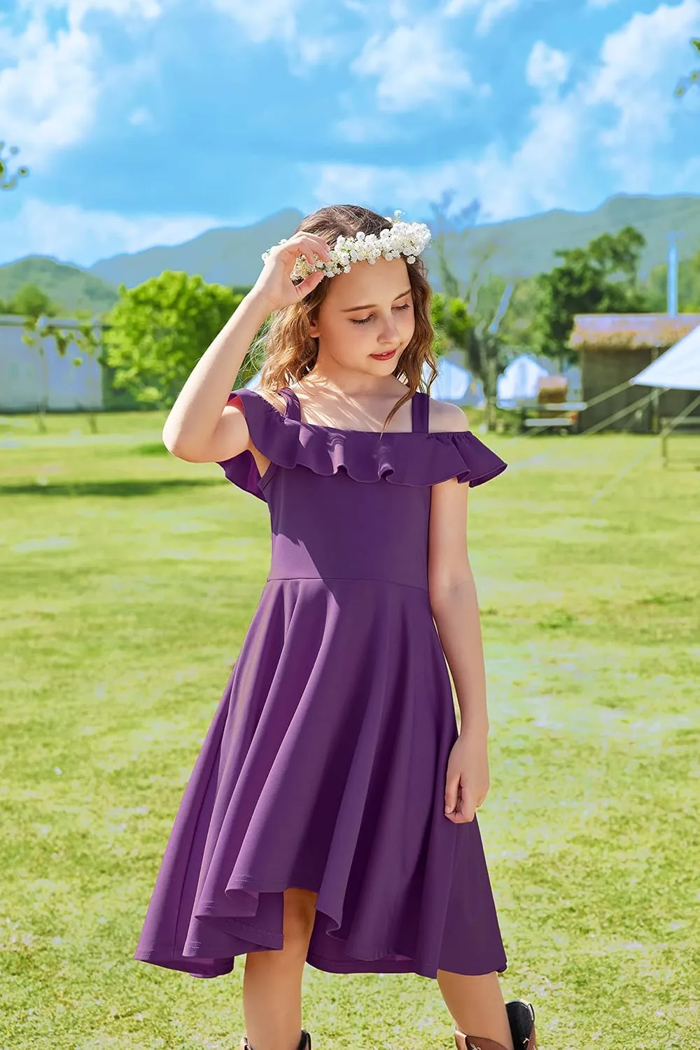Arshiner Girls Summer Dress Off Shoulder Flutter Sleeve Midi Swing Cassual Formal Dresses with Pocket