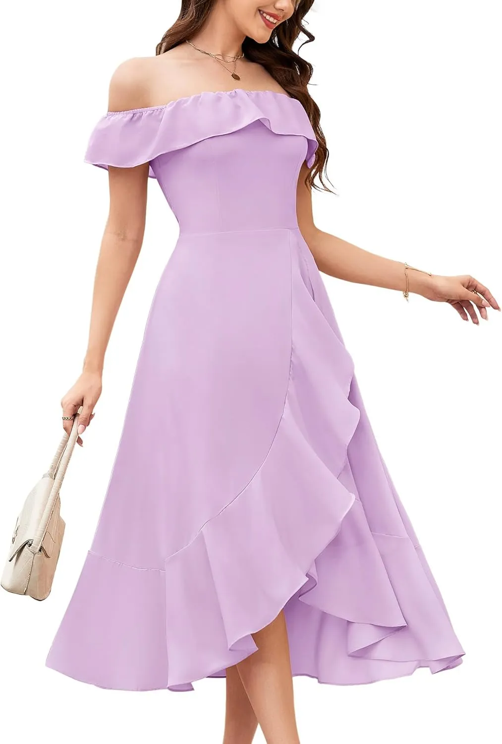 Aupuls Women Chiffon Off Shoulder Formal Dresses High Low Ruffle Midi Cocktail Wedding Guest Dress