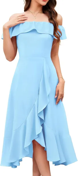 Aupuls Women Chiffon Off Shoulder Formal Dresses High Low Ruffle Midi Cocktail Wedding Guest Dress