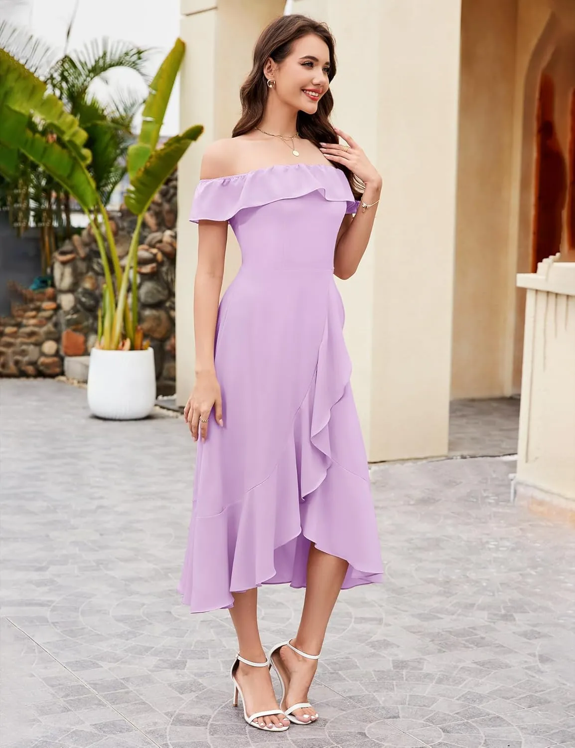 Aupuls Women Chiffon Off Shoulder Formal Dresses High Low Ruffle Midi Cocktail Wedding Guest Dress
