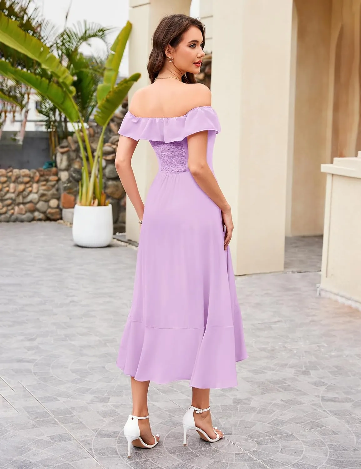 Aupuls Women Chiffon Off Shoulder Formal Dresses High Low Ruffle Midi Cocktail Wedding Guest Dress