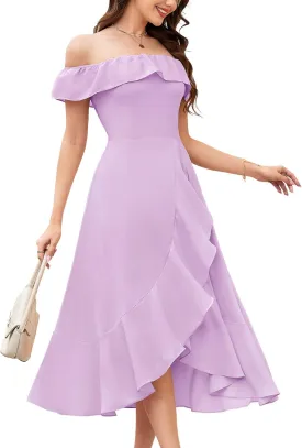 Aupuls Women Chiffon Off Shoulder Formal Dresses High Low Ruffle Midi Cocktail Wedding Guest Dress