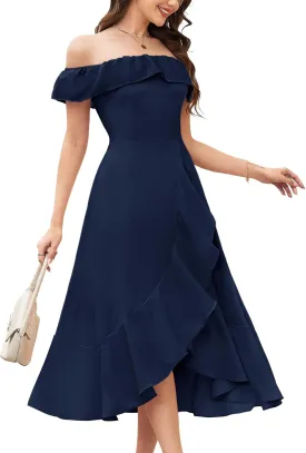 Aupuls Women Chiffon Off Shoulder Formal Dresses High Low Ruffle Midi Cocktail Wedding Guest Dress