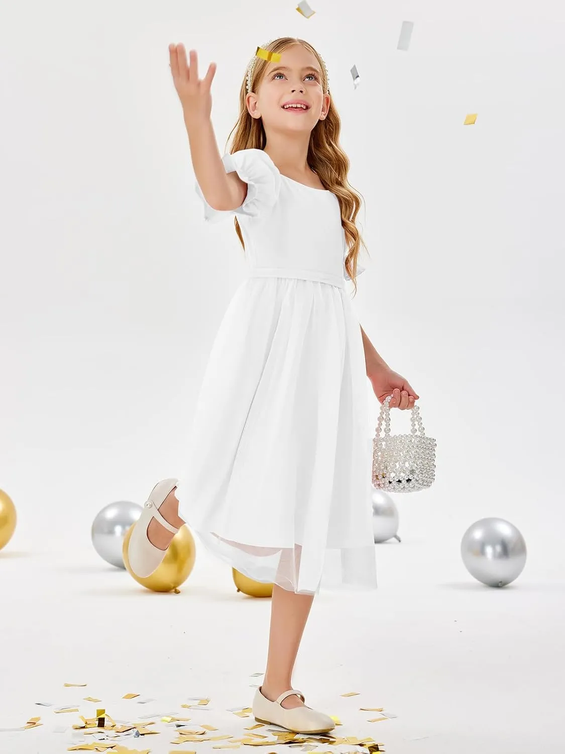 Batermoon Girls Summer Tutu Tulle Dress Puff Short Sleeve Square Neck Flowy Sundress Casual Party Midi Dresses 5-14Y