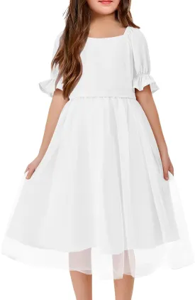 Batermoon Girls Summer Tutu Tulle Dress Puff Short Sleeve Square Neck Flowy Sundress Casual Party Midi Dresses 5-14Y