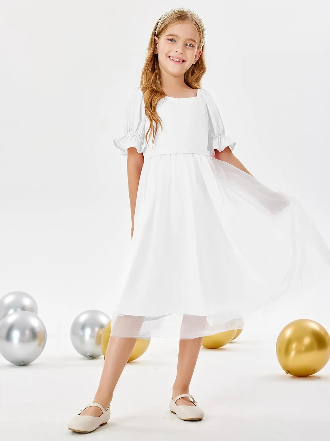 Batermoon Girls Summer Tutu Tulle Dress Puff Short Sleeve Square Neck Flowy Sundress Casual Party Midi Dresses 5-14Y