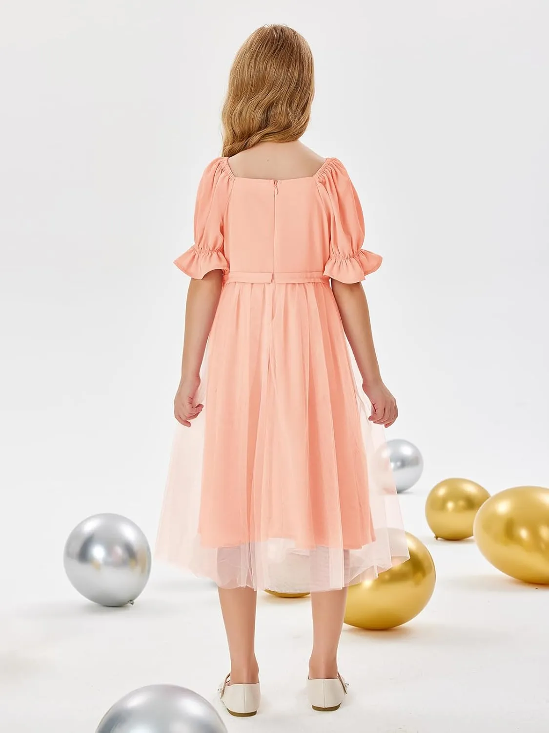 Batermoon Girls Summer Tutu Tulle Dress Puff Short Sleeve Square Neck Flowy Sundress Casual Party Midi Dresses 5-14Y