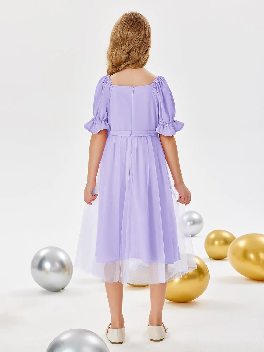 Batermoon Girls Summer Tutu Tulle Dress Puff Short Sleeve Square Neck Flowy Sundress Casual Party Midi Dresses 5-14Y