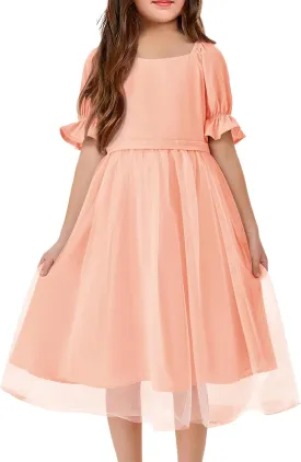 Batermoon Girls Summer Tutu Tulle Dress Puff Short Sleeve Square Neck Flowy Sundress Casual Party Midi Dresses 5-14Y