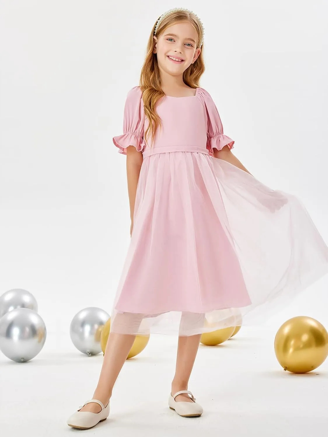 Batermoon Girls Summer Tutu Tulle Dress Puff Short Sleeve Square Neck Flowy Sundress Casual Party Midi Dresses 5-14Y