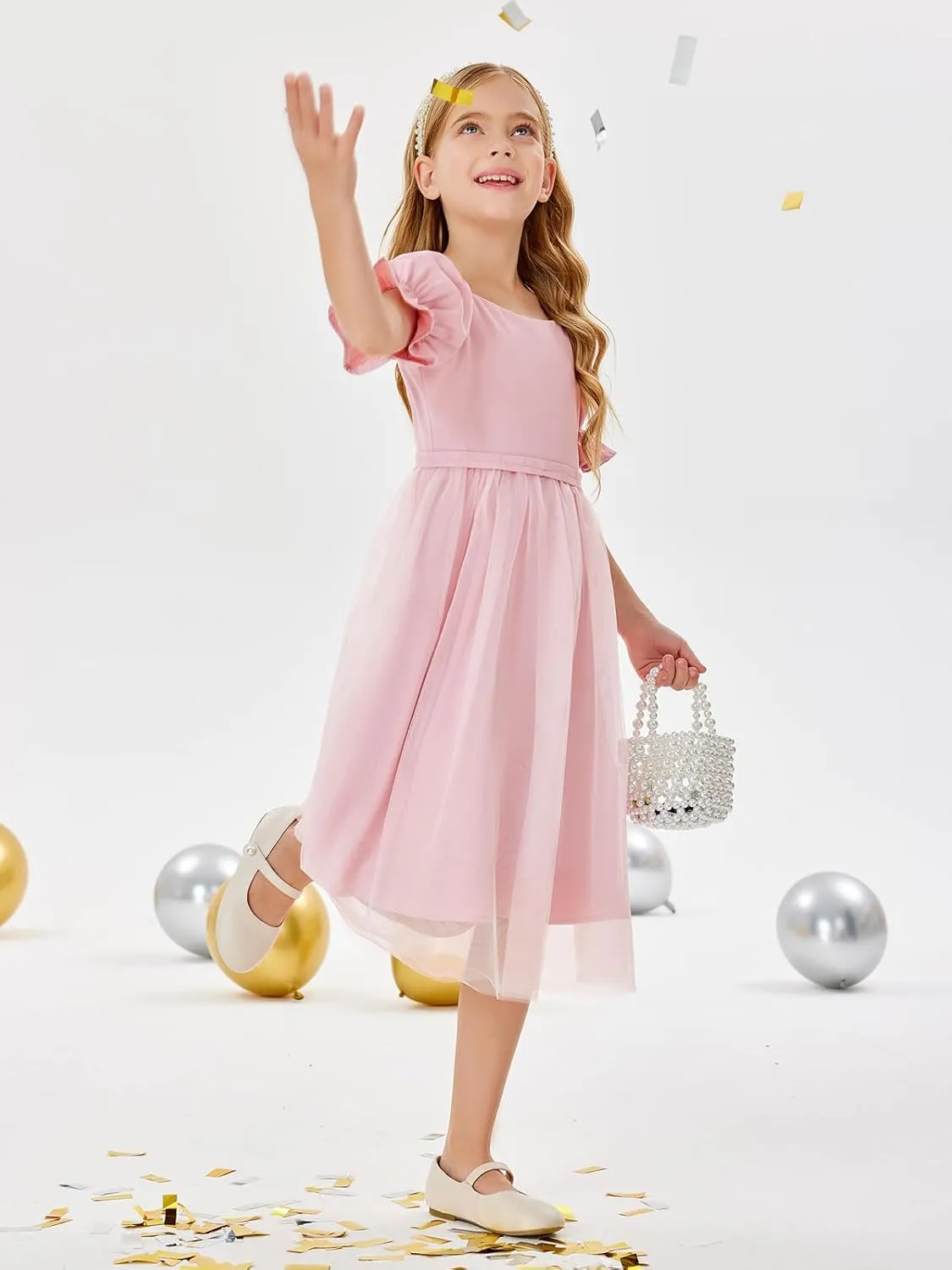 Batermoon Girls Summer Tutu Tulle Dress Puff Short Sleeve Square Neck Flowy Sundress Casual Party Midi Dresses 5-14Y
