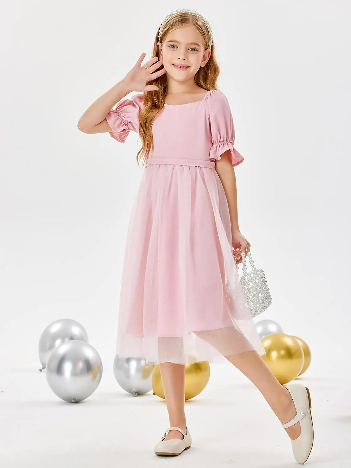 Batermoon Girls Summer Tutu Tulle Dress Puff Short Sleeve Square Neck Flowy Sundress Casual Party Midi Dresses 5-14Y