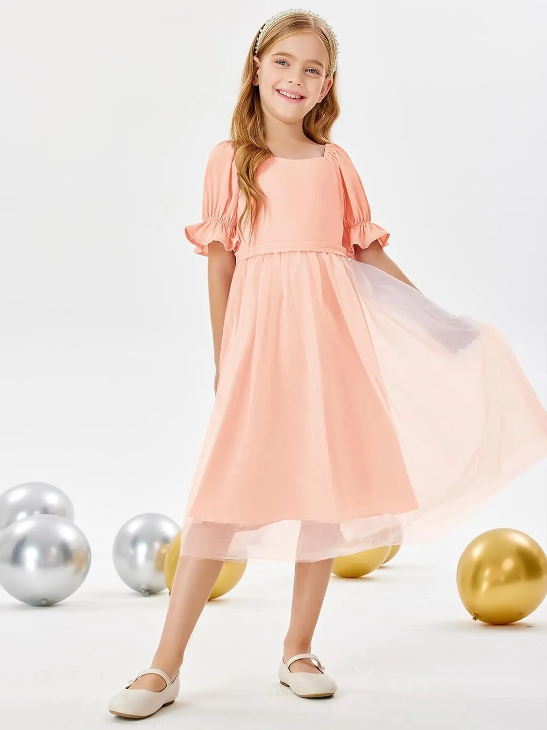 Batermoon Girls Summer Tutu Tulle Dress Puff Short Sleeve Square Neck Flowy Sundress Casual Party Midi Dresses 5-14Y