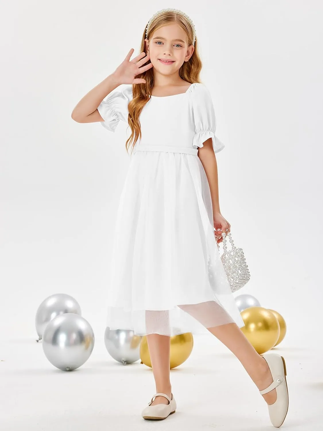 Batermoon Girls Summer Tutu Tulle Dress Puff Short Sleeve Square Neck Flowy Sundress Casual Party Midi Dresses 5-14Y