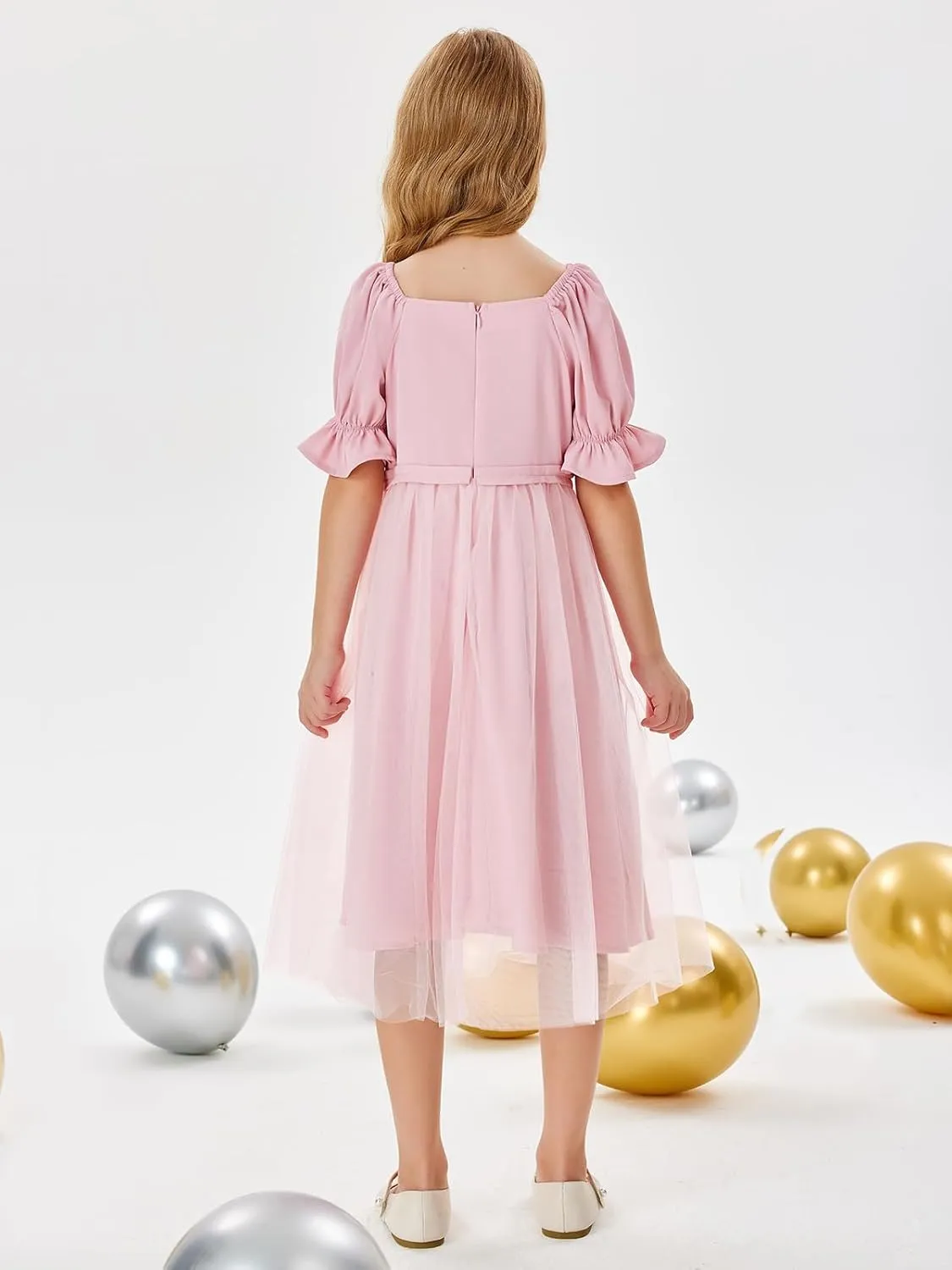 Batermoon Girls Summer Tutu Tulle Dress Puff Short Sleeve Square Neck Flowy Sundress Casual Party Midi Dresses 5-14Y