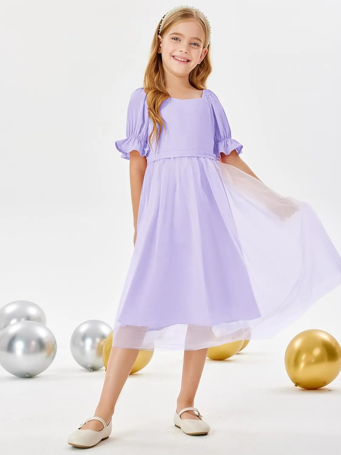 Batermoon Girls Summer Tutu Tulle Dress Puff Short Sleeve Square Neck Flowy Sundress Casual Party Midi Dresses 5-14Y