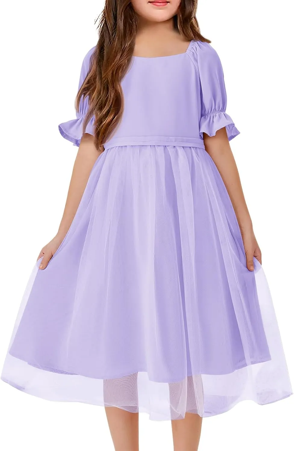 Batermoon Girls Summer Tutu Tulle Dress Puff Short Sleeve Square Neck Flowy Sundress Casual Party Midi Dresses 5-14Y