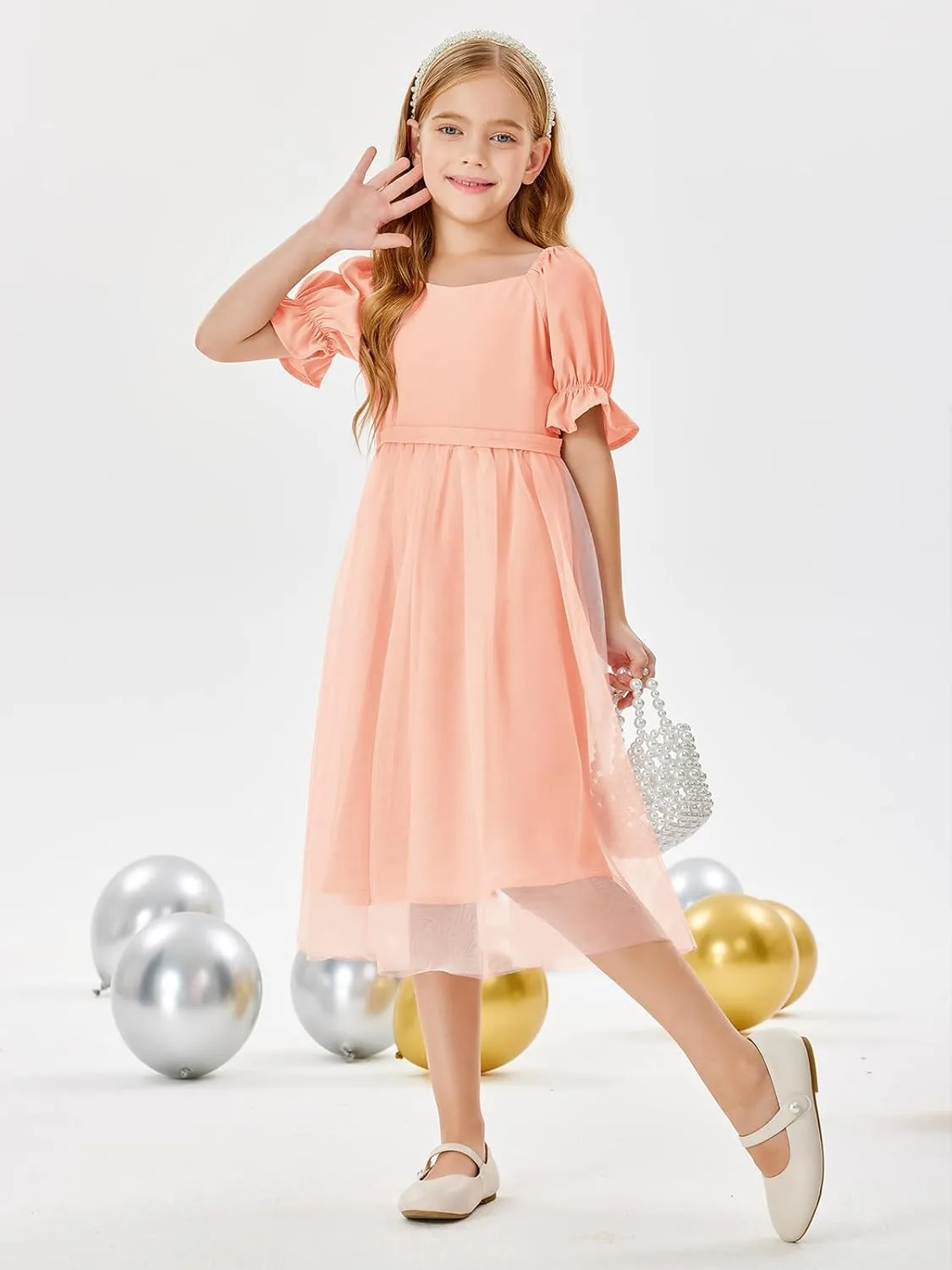 Batermoon Girls Summer Tutu Tulle Dress Puff Short Sleeve Square Neck Flowy Sundress Casual Party Midi Dresses 5-14Y