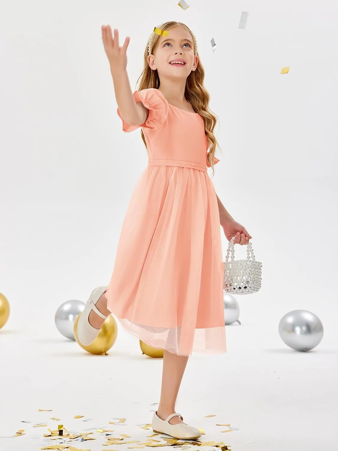 Batermoon Girls Summer Tutu Tulle Dress Puff Short Sleeve Square Neck Flowy Sundress Casual Party Midi Dresses 5-14Y
