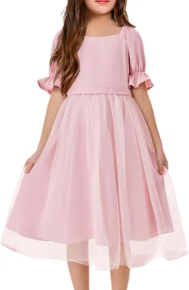 Batermoon Girls Summer Tutu Tulle Dress Puff Short Sleeve Square Neck Flowy Sundress Casual Party Midi Dresses 5-14Y
