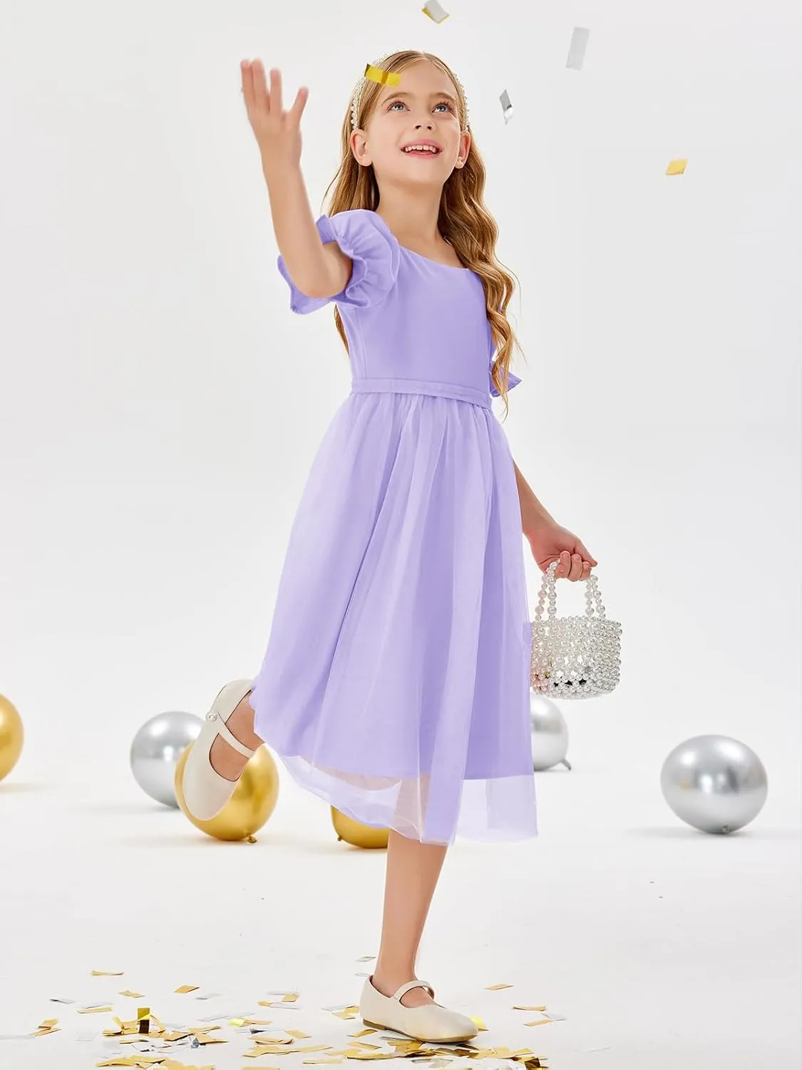 Batermoon Girls Summer Tutu Tulle Dress Puff Short Sleeve Square Neck Flowy Sundress Casual Party Midi Dresses 5-14Y
