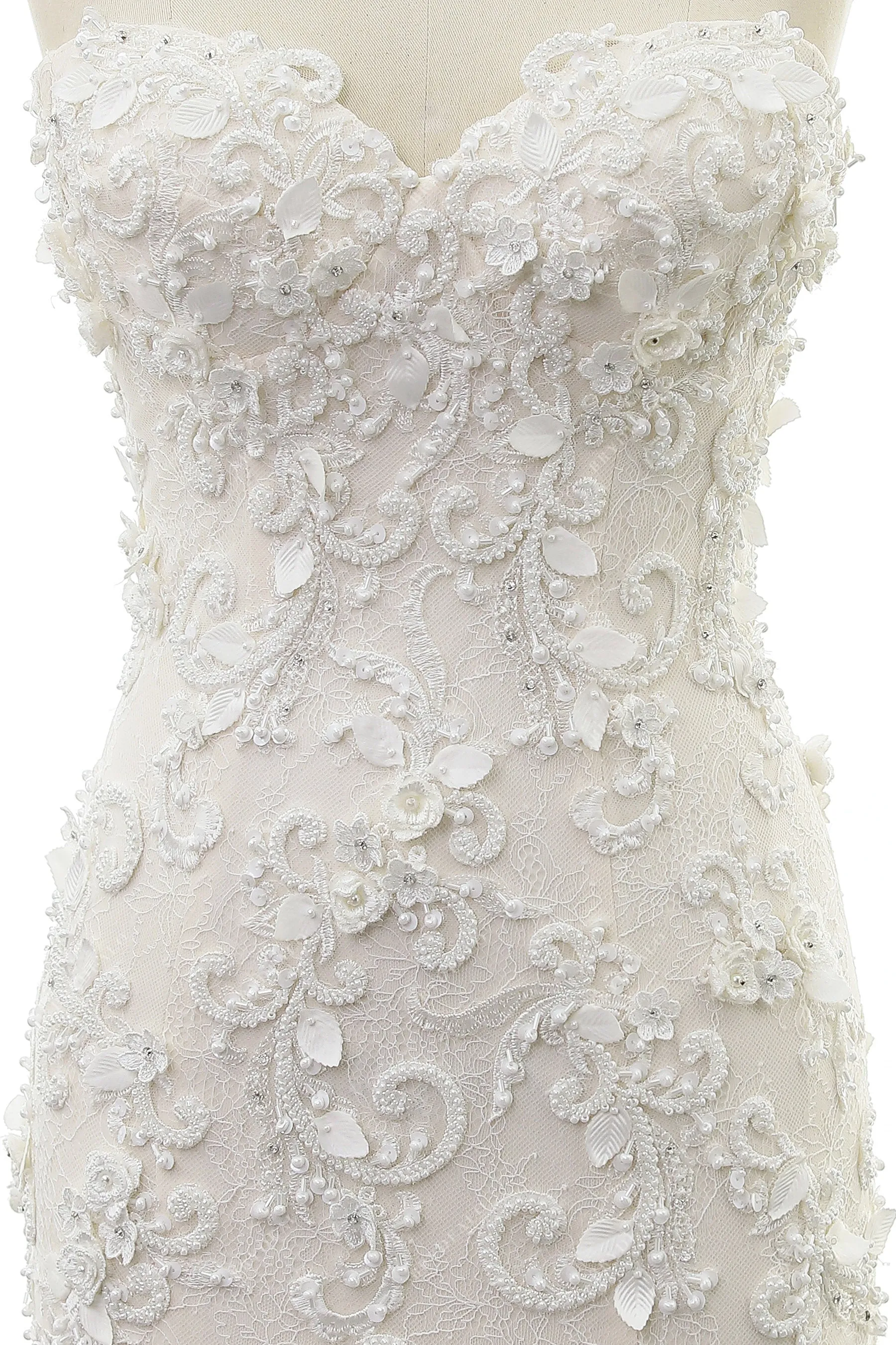 Beaded Lace Strapless Gorgeous Trumpet Nude Pink Wedding Dress