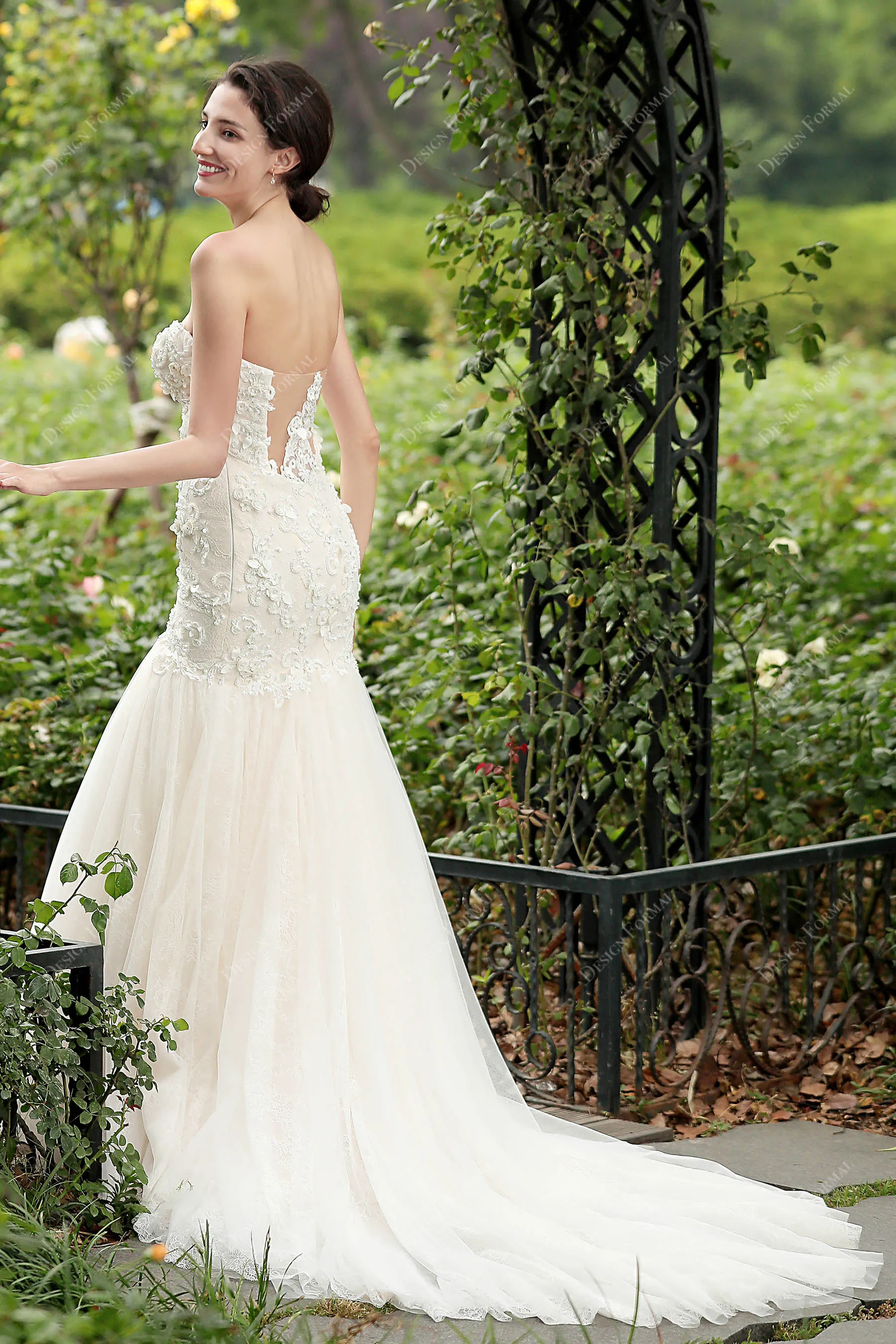Beaded Lace Strapless Gorgeous Trumpet Nude Pink Wedding Dress