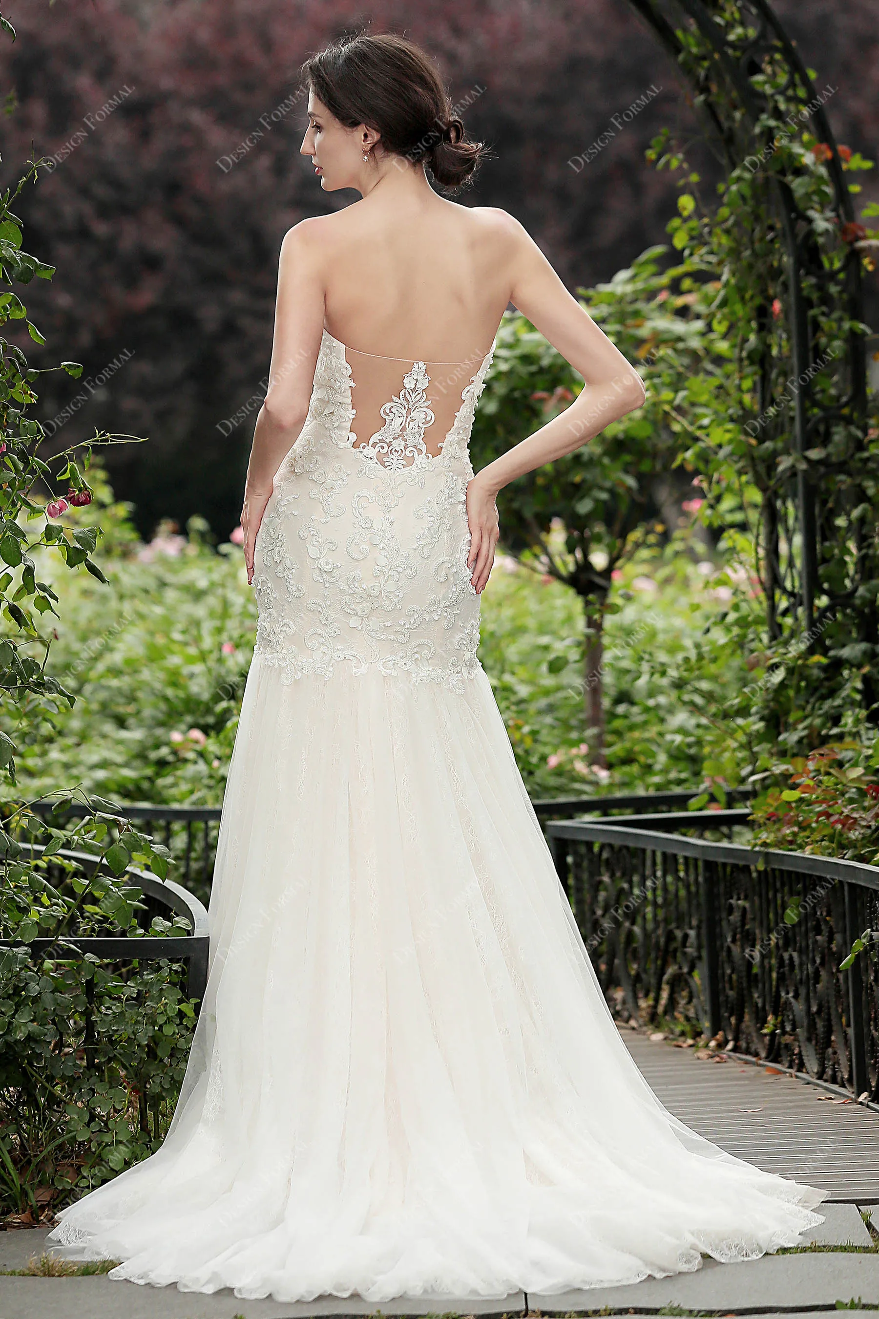 Beaded Lace Strapless Gorgeous Trumpet Nude Pink Wedding Dress