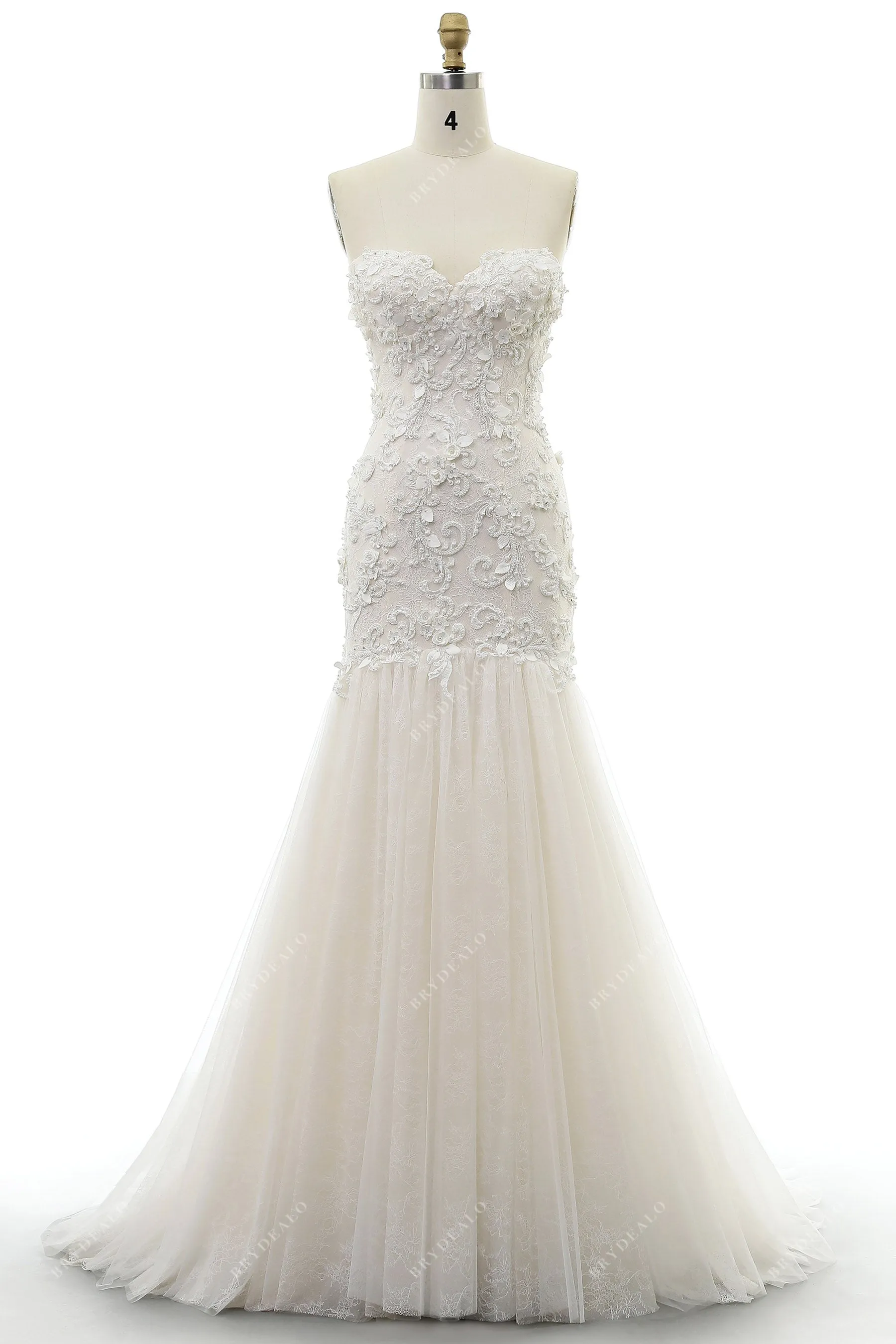 Beaded Lace Strapless Gorgeous Trumpet Nude Pink Wedding Dress
