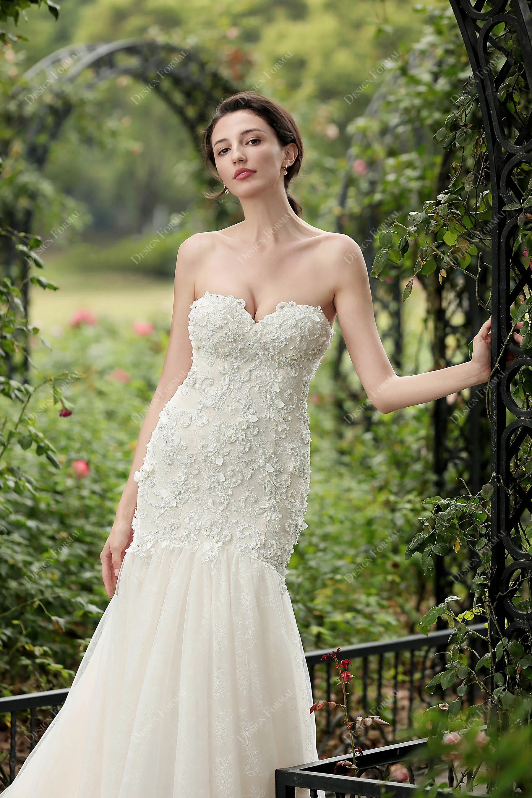 Beaded Lace Strapless Gorgeous Trumpet Nude Pink Wedding Dress