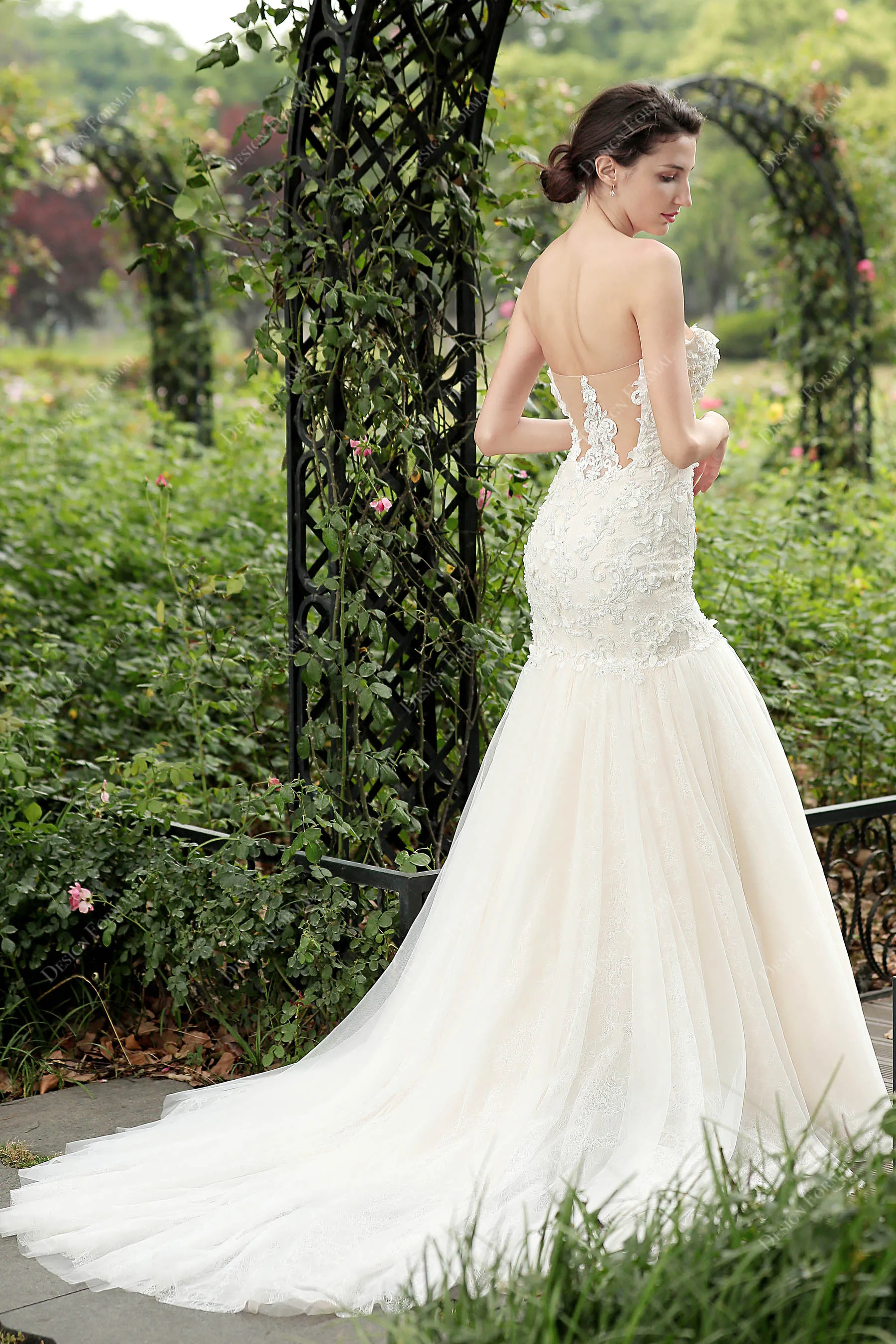 Beaded Lace Strapless Gorgeous Trumpet Nude Pink Wedding Dress