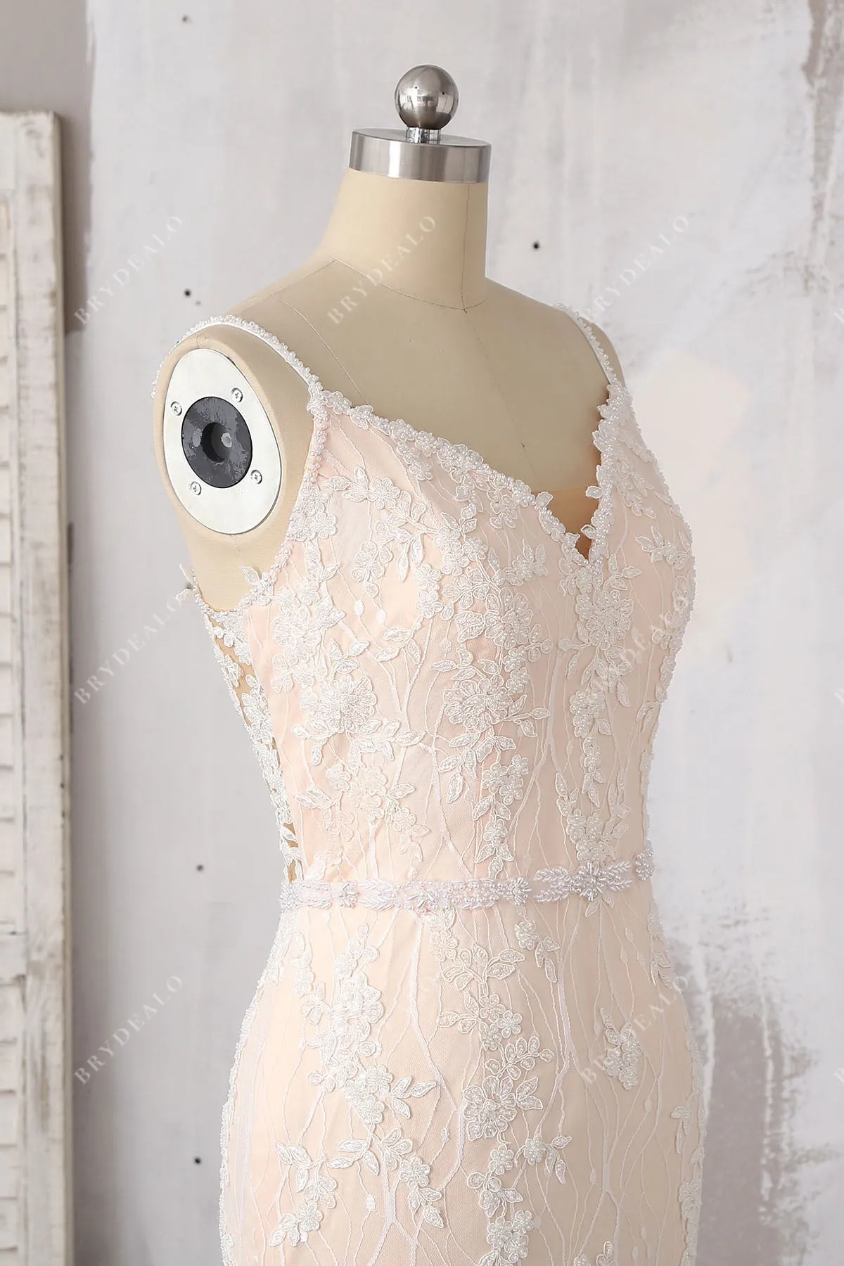 Beaded Lace Straps Stylish V-back Champagne Mermaid Bridal Dress